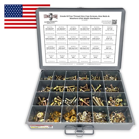 Boltsandnuts.Com Inch Grade 8 Fine Thread Hex Cap Screws, Hex Nuts & Washers Zinc Yellow USA Made Hardware - 574 PCS Assortment Kit #485